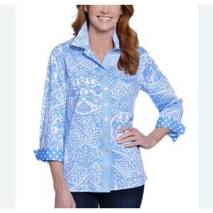 Ali Miles Shirt Size Petite M PM Blue White Abstract Button 3/4 Sleeve Flip Cuff